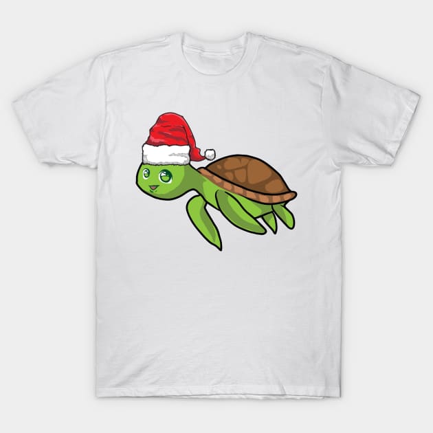 Santa Hat-Wearing Cute Sea Turtle Funny Christmas Holiday T-Shirt by Contentarama